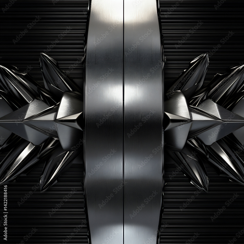 Poster repeating metallic elements sharp highlights dark shadows sophisticated border