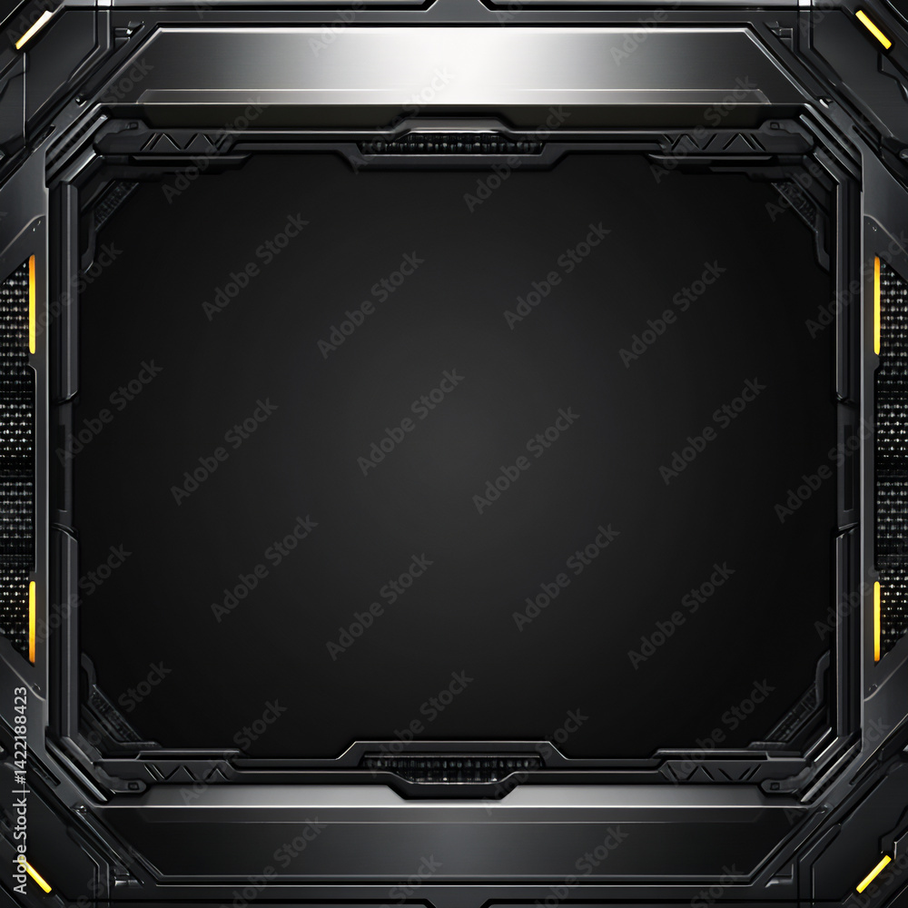 Poster repeating metallic elements sharp highlights dark shadows sophisticated border