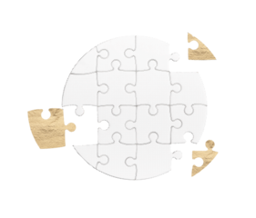 Golden circular puzzle piece symbolizing teamwork, connection, and the importance of each contribution in a system. The missing piece represents unity and the key to solving problems