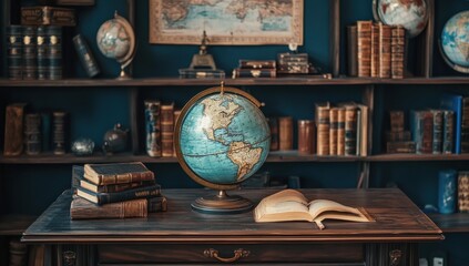 Vintage library study with antique globe