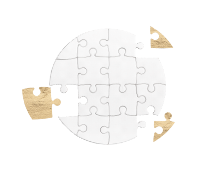 Golden circular puzzle piece symbolizing teamwork, connection, and the importance of each contribution in a system. The missing piece represents unity and the key to solving problems