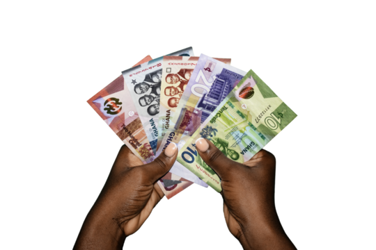 Black african hands holding various Ghanaian cedi notes over transparent background. closeup of Hands holding Ghana paper currencies. 