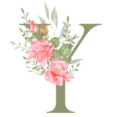 Hand painted watercolor floral alphabet - letter Y. The letter of the alphabet is olive colored and decorated with watercolor roses. Wedding, birthday, children's party, any creative ideas.