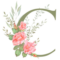 Hand painted watercolor floral alphabet - letter C. The letter of the alphabet is olive colored and decorated with watercolor roses. Wedding, birthday, children's party, any creative ideas.