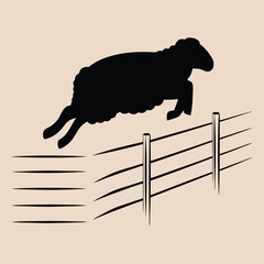 Black silhouette of a sheep jumping over a minimalist fence illustration