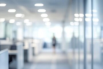 Blurred Office Interior with Lights, Cubicles, Glass Walls, and a Woman Walking