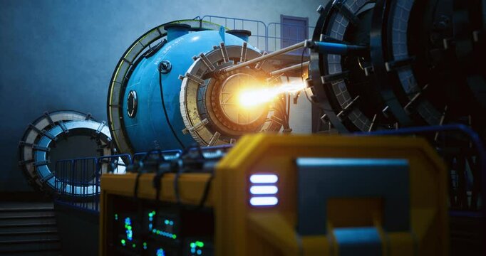 A futuristic laboratory displays complex machinery with vibrant lights and a glowing energy beam emerging from a large, round device, showcasing advanced technological processes.