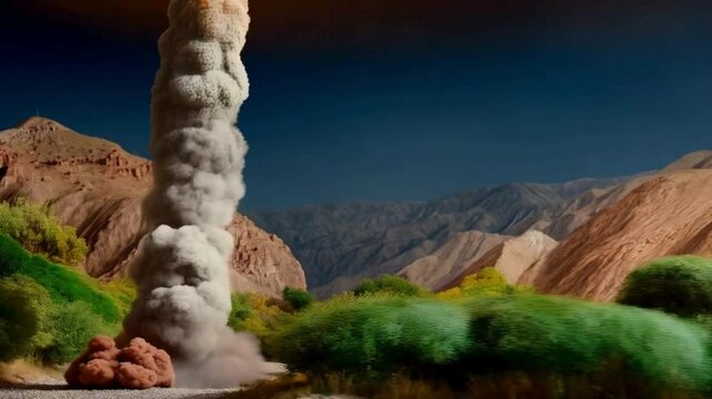 Missile Launch in Mountainous Landscape at Dusk