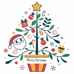 Festive Christmas Tree with Santa and Ornaments - Holiday Illustration.