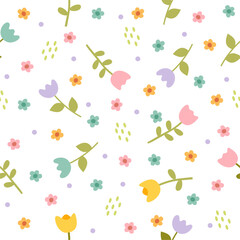 Cute spring Flowers seamless pattern. Colorful floral botanical background. Wrapping, texture, textile illustration