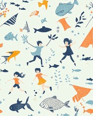 Ginkgo leaves Japanese repeat pattern Children play joyfully among colorful fish. Seamless Japanese pattern design