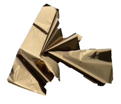 Golden foil folded into sharp, angular geometric shapes creates a modern, abstract design. Reflective, metallic texture with crumpled, uneven edges. Isolated on white.. - Powered by Adobe