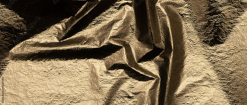 Poster golden foil paper with a crumpled, reflective texture. chic and stylish drapery, showcasing a shiny,