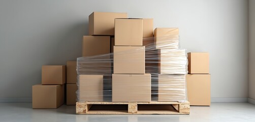 Freshly packed cardboard boxes stacked on wooden pallet. Boxes wrapped in clear plastic film. Goods ready for shipment. Logistics warehouse storage ready for delivery distribution.