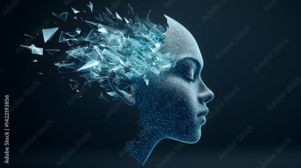 Fototapete digital artwork depicting a human face dissolving into crystalline shards. suggests concepts of arti