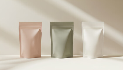 Three stand-up pouches are displayed on a white background in a packaging design mockup for food and tea products