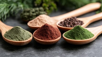 An exquisite display of assorted natural powders in wooden spoons captures the essence of nature's beauty and nutrition, appealing to those interested in holistic wellness and culinary crafts.
