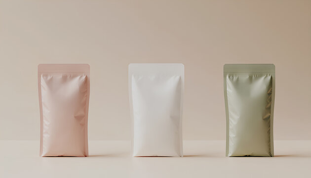 Three stand-up pouches are displayed on a white background in a packaging design mockup for food and tea products