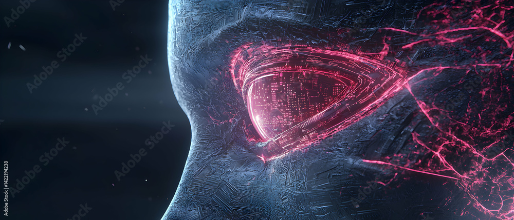 Poster cybernetic eye glows with digital circuitry. suggests themes of ai technology artificial intelligenc