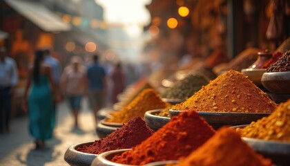 Blurred street market with vibrant spice displays. Exotic flavors fill air, creating sensory and cultural experience. Spices arranged bowls, red pepper powder, curry. People, shop, bazaar, stalls.