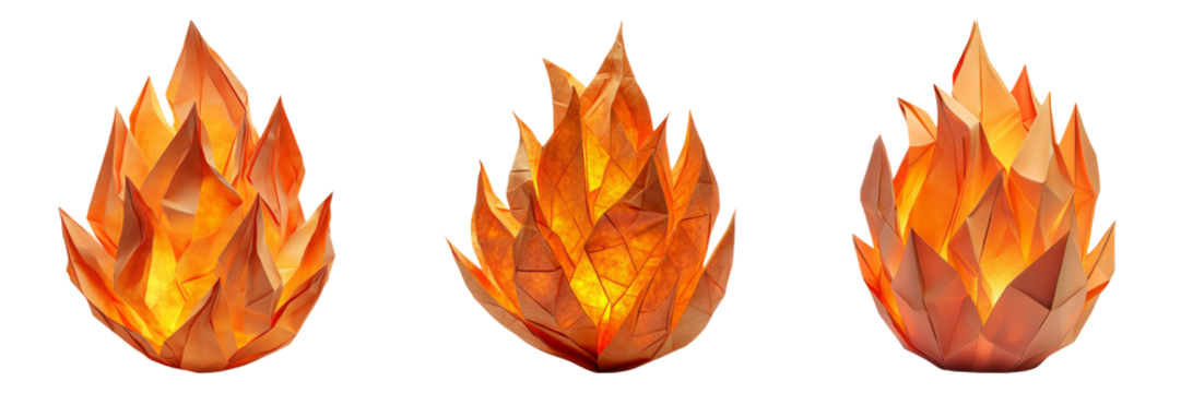 Abstract flame shapes in paper-cut style isolated on transparent PNG image perfect for fire icons, fantasy, or symbolic graphics