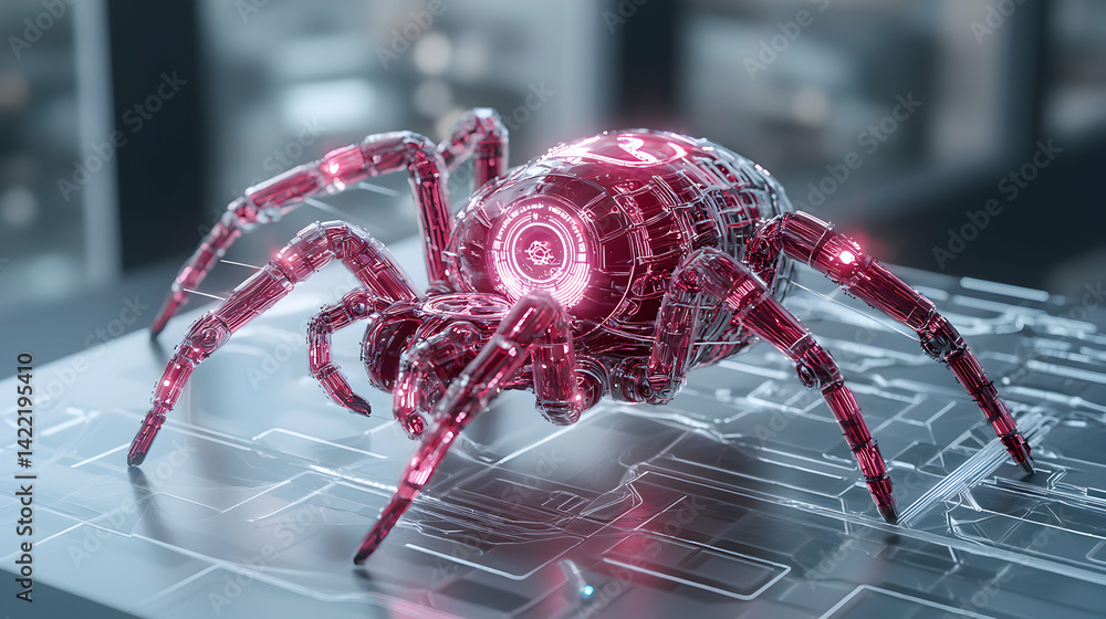 Poster a futuristic robotic spider glowing with red light. could be used in a sci-fi game or as a techy des