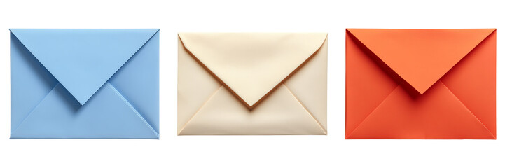 Colored envelopes in clean design isolated on transparent PNG image perfect for email icons, mailing visuals, or UI sets