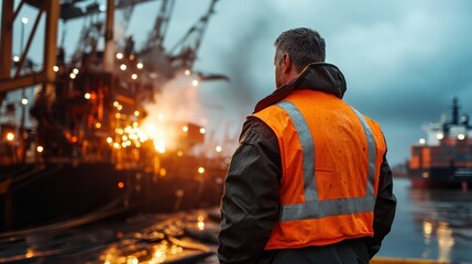 An industrial worker stands in a vibrant safety vest at a bustling shipping dock. The illuminated scene reflects the energy and commitment of labor in a dynamic maritime environment.
