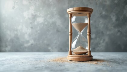 Wooden hourglass concept time management. Sand flowing inside glass timer passage time. Time running out concept. Background concrete surface. Time, business, productivity, planning concept.