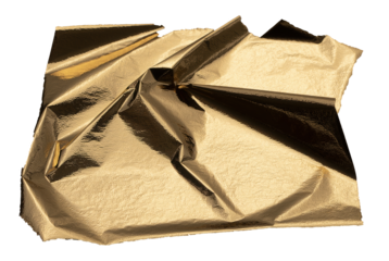 Golden foil sheet with reflective, shiny folds creating an opulent, modern design. Radiant gold leaf and copper shimmer, perfect for luxurious wrapping, fashion, and elegant decor. Isolated on white.