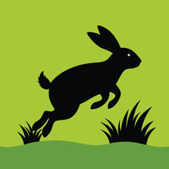 Black rabbit silhouette leaping across a green field illustration