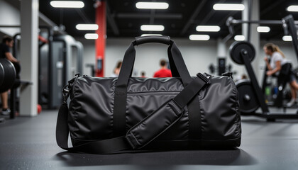 Fototapeta premium Black gym bag on gym floor with workout equipment in background 
