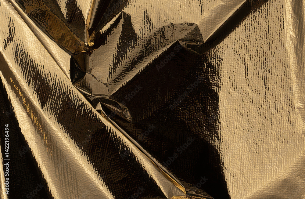 Poster golden foil sheet with reflective, shiny texture creating a dramatic, metallic design. crumpled fold