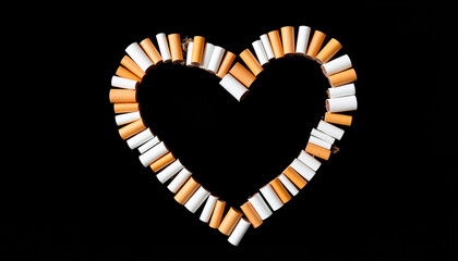 Obraz premium Cigarettes arranged in a heart shape on a black background 