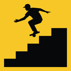 Skateboarder silhouette descending stairs illustration on vibrant yellow background design