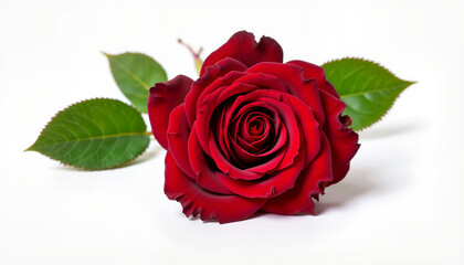 Fototapeta premium Red rose flower with green leaves against a white background 
