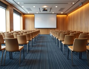 Empty conference hall seminar room. Brown chairs rows aligned, blank screen for presentation, projector. Business, education concept, nobody. Corporate meeting room, classroom interior. Ideal for
