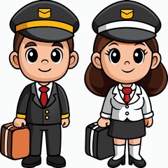 Chibi Airline Pilot Characters Vector &ndash; Cute Male & Female Crew in Uniform Sticker Art