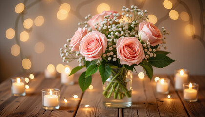 Obraz premium Beautiful rose bouquet with candles on a wooden table 