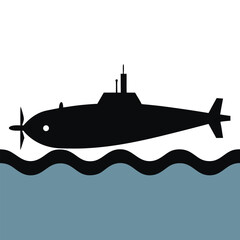 Simple graphic of black submarine floating in ocean waters illustration