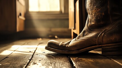 Close Up of Worn Leather Cowboy Boot on Old Wooden Floor