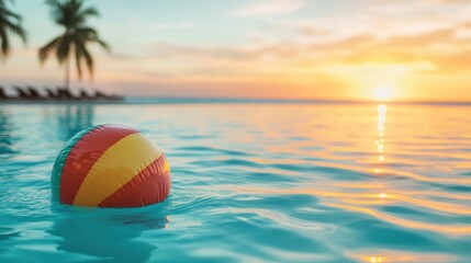 A close-up of a beach ball gently floating in tranquil waters as the sun sets, emphasizing the beauty of summer evenings and the joy of relaxation by the pool.