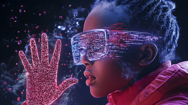 A person wearing VR goggles interacts with a digital hand. The scene suggests immersion in a virtual reality environment. Good for tech related promotions or futuristic themes.