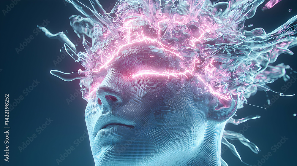 Poster digital rendering of a person with glowing energy emanating from their head. great for science ficti