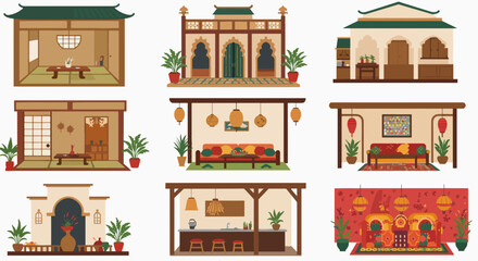 Obraz premium Traditional Asian Home Interiors in Colorful Illustration Style 