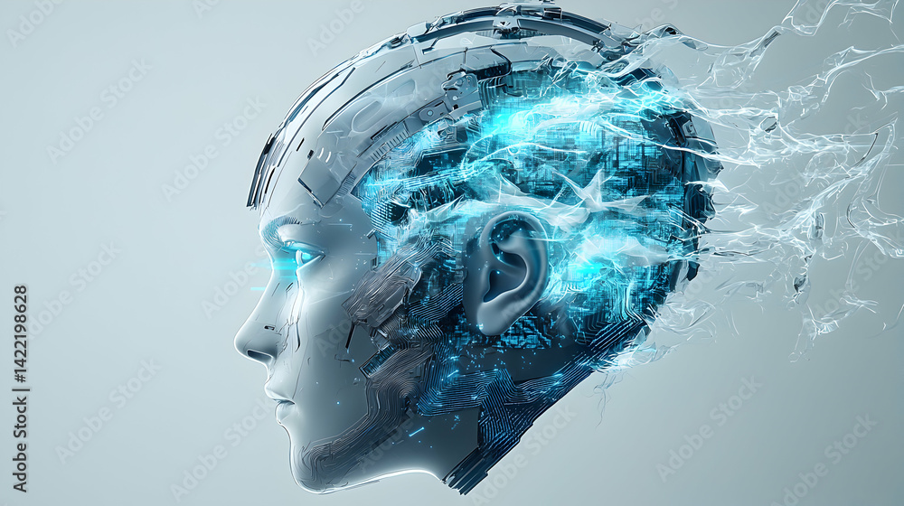 Poster this image shows a cyborg head with glowing circuits and energy. perfect for sci-fi artwork tech pre