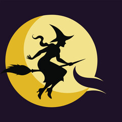 Halloween witch silhouette flying on broomstick against moon background illustration
