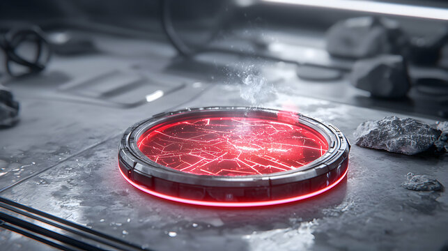 A futuristic glowing device embedded in a metallic surface possibly a portal or technological interface. Ideal for sci-fi game elements or concept art.