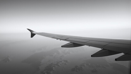 Fototapeta premium Airplane Wing Over Mountainous Terrain, Black and White