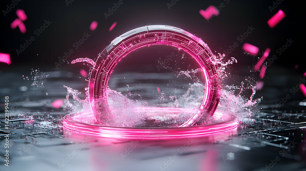 Poster a futuristic pink glowing portal with splashing water effect creating an eye-catching digital art pi